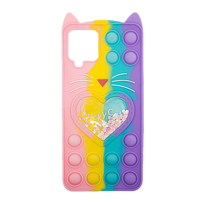 Silicone Case with Ears Colorful Bubbles for Samsung Galaxy A22 4G - Design: Colorful Heart (Coral - Light Purple)