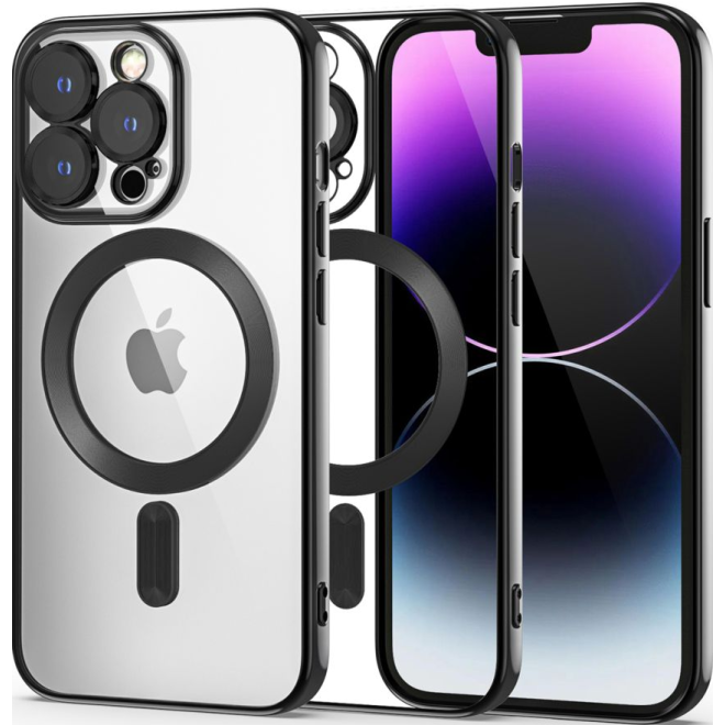 Back Cover Silicone Magsafe With Camera Lens And Colored Frame For Apple iPhone 14 Pro Max - Color: Black