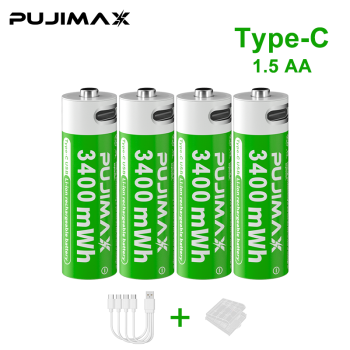 PUJIMAX Type-C Input 1.5V AA Li-ion Rechargeable Battery - 3400mAh (2Pcs)