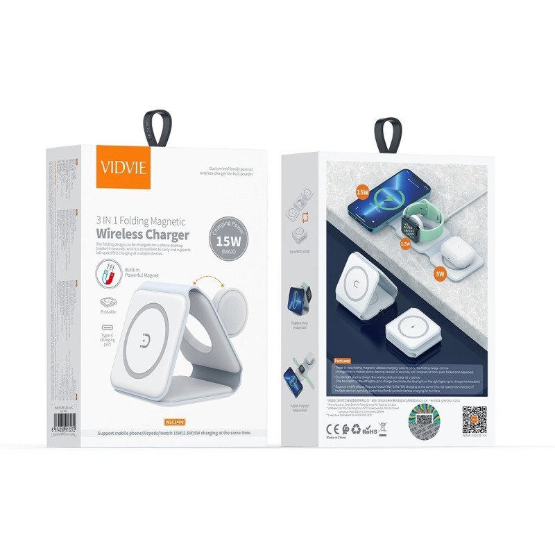 Vidvie WLC1408 15W Αναδιπλούμενος ασύρματος φορτιστής 3 σε 1 και 60W Καλώδιο USB-C - Λευκό