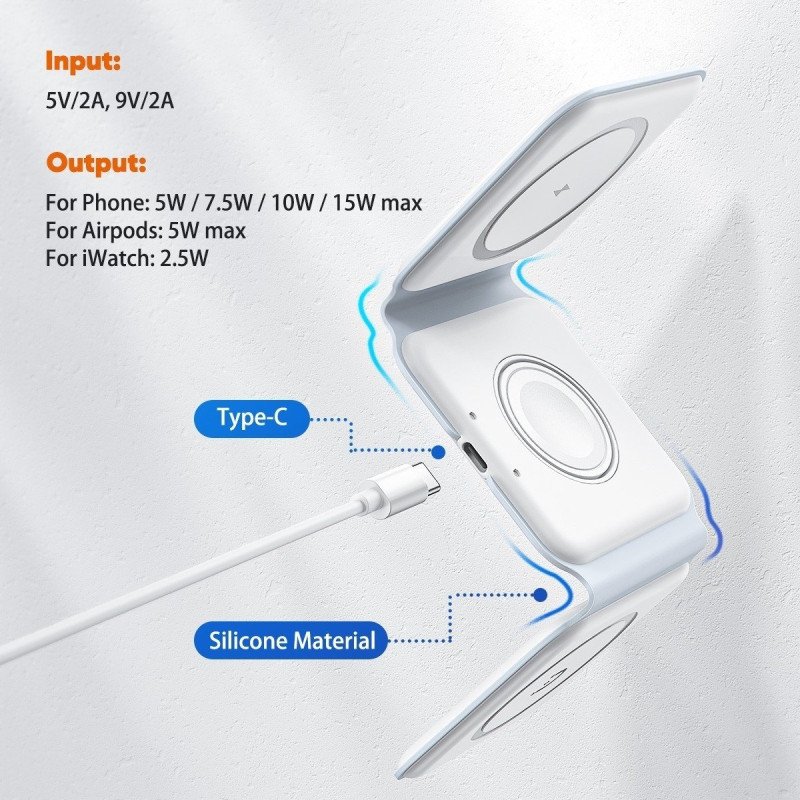 Vidvie WLC1408 15W Αναδιπλούμενος ασύρματος φορτιστής 3 σε 1 και 60W Καλώδιο USB-C - Λευκό