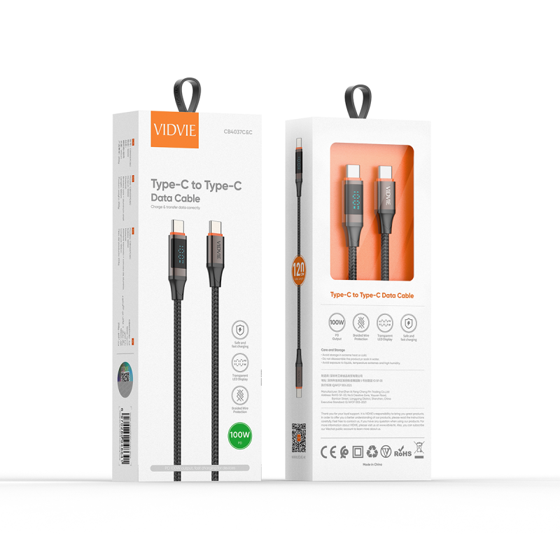 Vidvie CB4037 100W Καλώδιο Φόρτισης και Μεταφοράς Δεδομένων TYPE C Σε TYPE C 1.2M - Χρώμα: Μάυρο