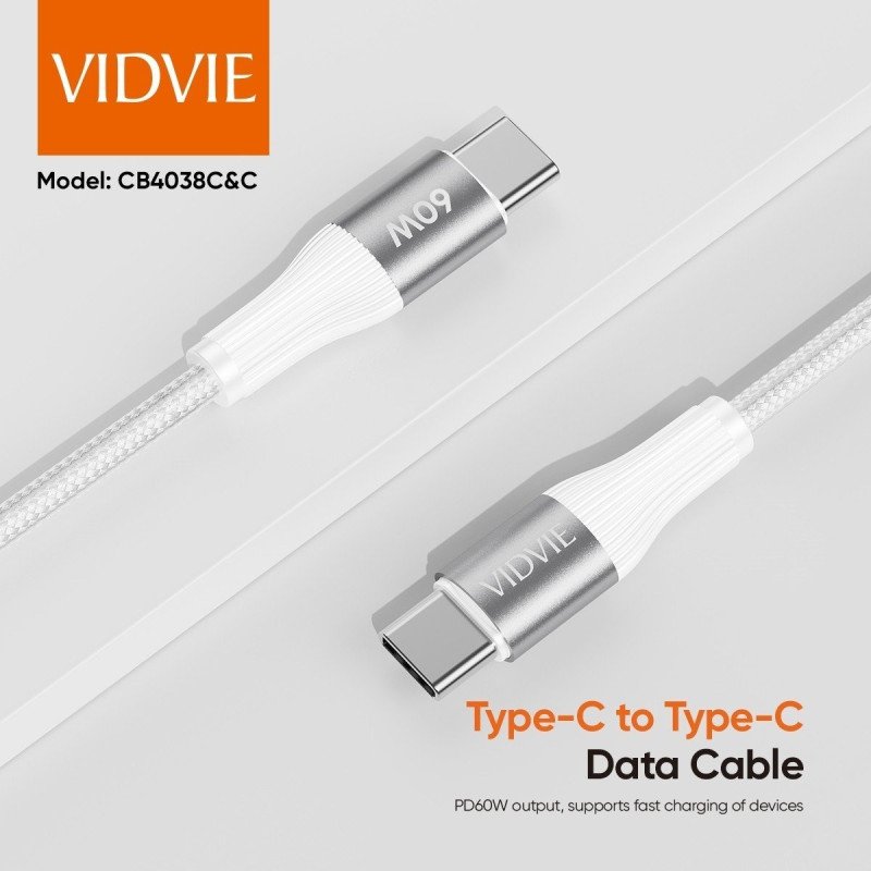 Vidvie CB4038C&C 60W Καλώδιο Φόρτισης και Μεταφοράς Δεδομένων TYPE C Σε TYPE C - Χρώμα: Λέυκο
