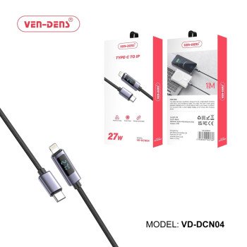 VEN-DENS VD-DCN04 27W Καλώδιο Φόρτισης και Μεταφοράς Δεδομένων με Οθόνη - LCD - USB-C σε Lightning (1m) - Χρώμα: Μάυρο