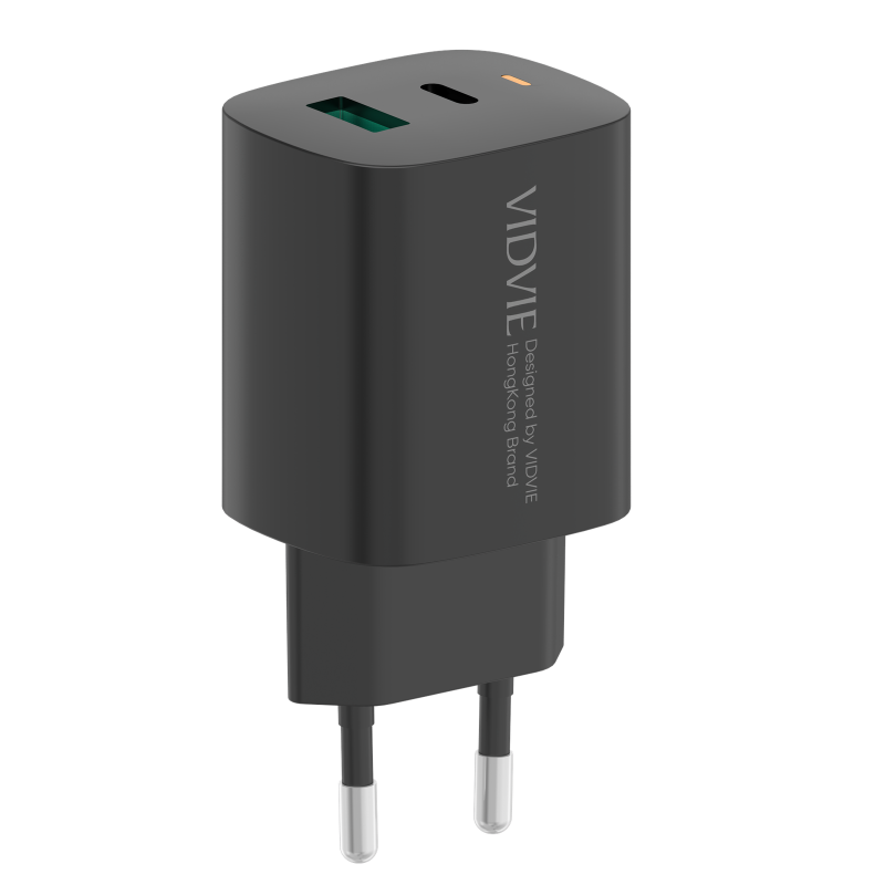 Vidvie PLE248 PD 20W Φορτιστής με 1 Θύρες USB-A και 1 Θύρες USB-C και Καλώδιο USB-A σε Lightning - Μαύρο