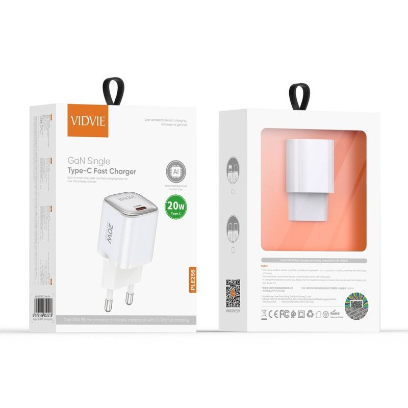 Vidvie PLE256 PD 30W Φορτιστής GaN με 1 Θύρες USB-C και Καλώδιο Type-C Σε Lightning - Λευκό