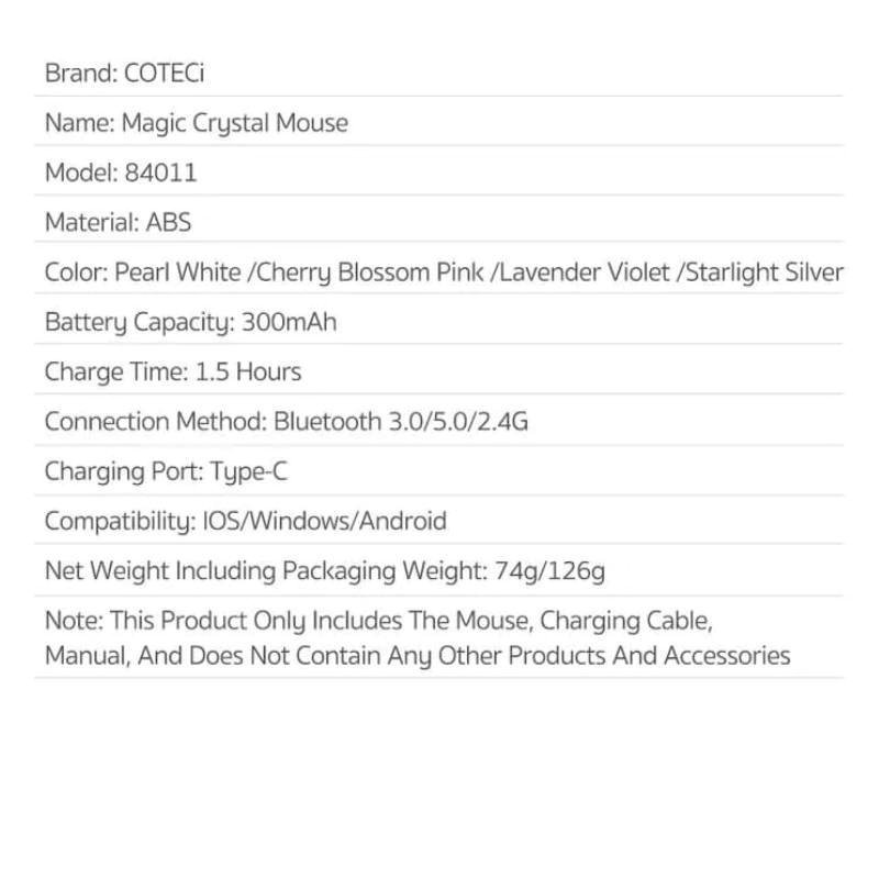 Coteci 84011-Wh Magic Crystal Mouse Transparent Texture Dual-Mode Mouse, Silent And Not Disturbing, Smart Percussion - White