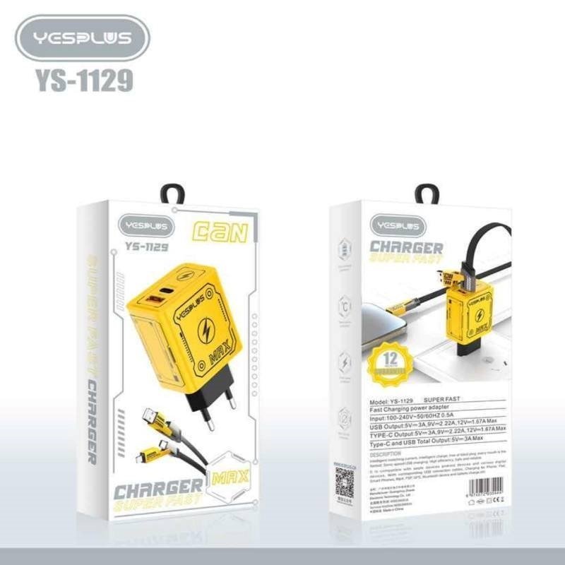 Yesplus Ys-1129 Dual Usb Γρηγορη Φορτιση Με Καλωδιο 4 Σε 1 Για Κινητα Και Laptop (Gan) - Κιτρινοσ