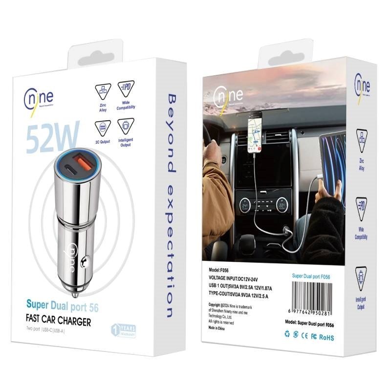 Nine F056 Φορτιστής Αυτοκινήτου 52W 5A Γρήγορης Φόρτισης με Θύρες: 1xUSB-A 1xType-C - Μαύρο