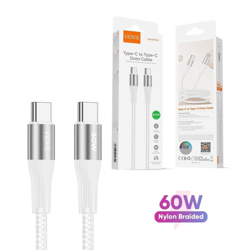 Vidvie CB4038C&C 60W Καλώδιο Φόρτισης και Μεταφοράς Δεδομένων Type-C Σε Type-C (3M) - Χρώμα: Λέυκο