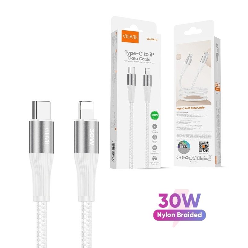 Vidvie CB4038C&i 30W Καλώδιο Φόρτισης και Μεταφοράς Δεδομένων Type-C Σε USB Lightning (3M) - Χρώμα: Λέυκο