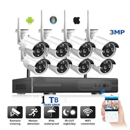 Καταγραφικό NVR  HD με 8 ασύρματες κάμερες 3 megapixel IP και σκληρό δίσκο 1TB