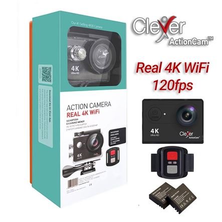 Clever ActionCam™ Πραγματικό 4K – 20MP – 120fps – WIFI – Η Μοναδική με Ελληνικό μενού – Τύπου GoCam Pro 9 – Εφαρμογή για κινητά – Αδιάβροχη εως 30m + ΔΩΡΟ Βάσεις κράνους ποδήλατου κλπ - 2 μπαταρίες