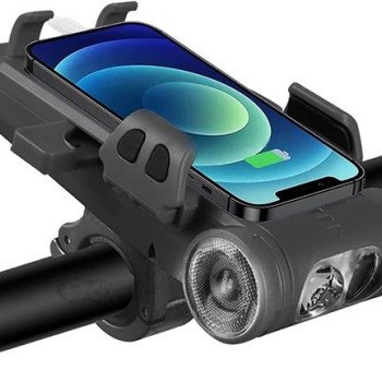 Φακός-κόρνα ποδηλάτου επαναφορτιζόμενος με ενσωματωμένη θήκη για κινητό + power bank