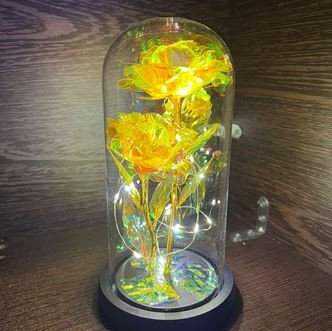 Φωτιζόμενο Παντοτινό Κρυσταλιζέ Διπλό Τριαντάφυλλο σε Γυάλα με Πολύχρωμα LED