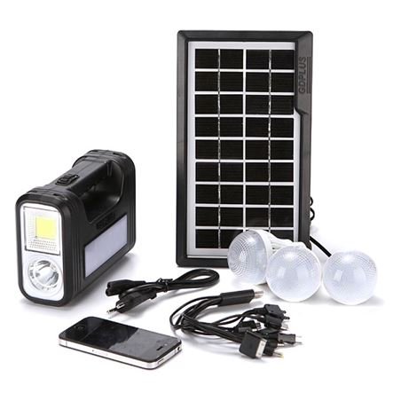 Ηλιακό πακέτο κιτ φωτισμού panel + Power Bank μπαταρία με θύρα USB + 3 λάμπες LED + Φακός