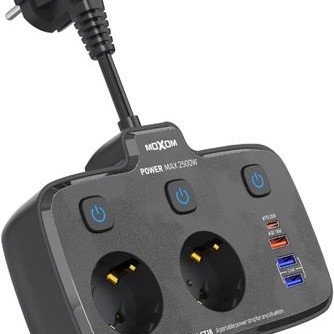 Πολύπριζο ασφαλείας 2 θέσεων με ανεξάρτητο διακόπτη on/off για κάθε πρίζα και 3 USB-A + 1 USB-C