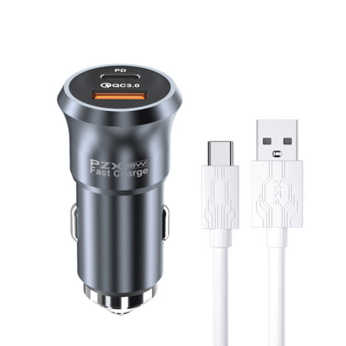 PZX Charger For Car With USB And Cable Type-C (C960) 38W - Color: Black